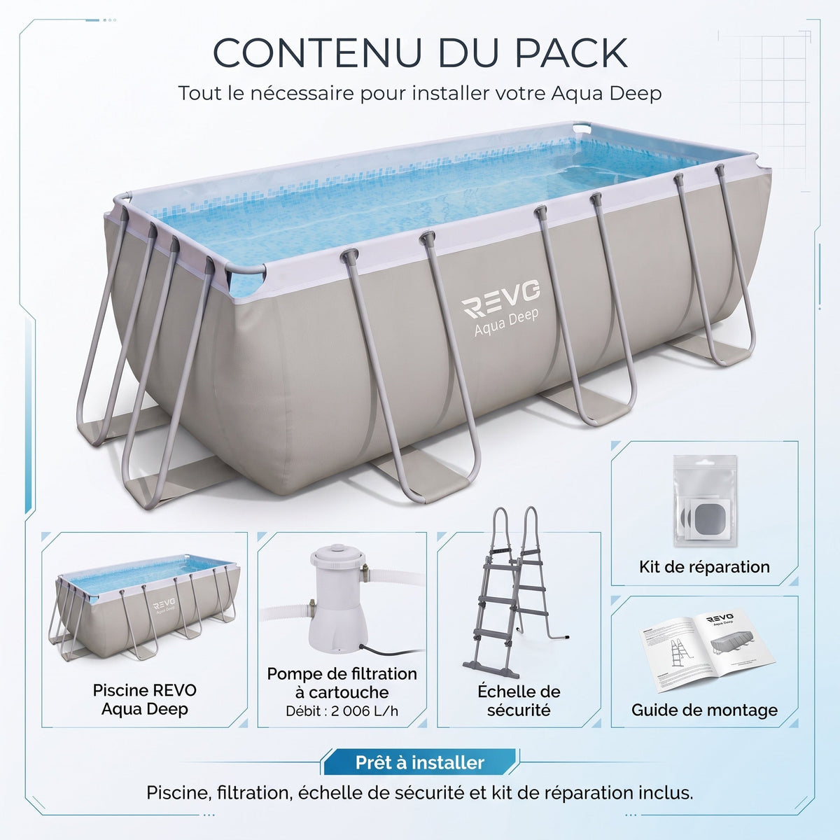 Piscine hors-sol rectangulaire REVO Aqua Deep – 400 × 207 × 122 cm – 8 870 L – Filtration 2 006 L/h
