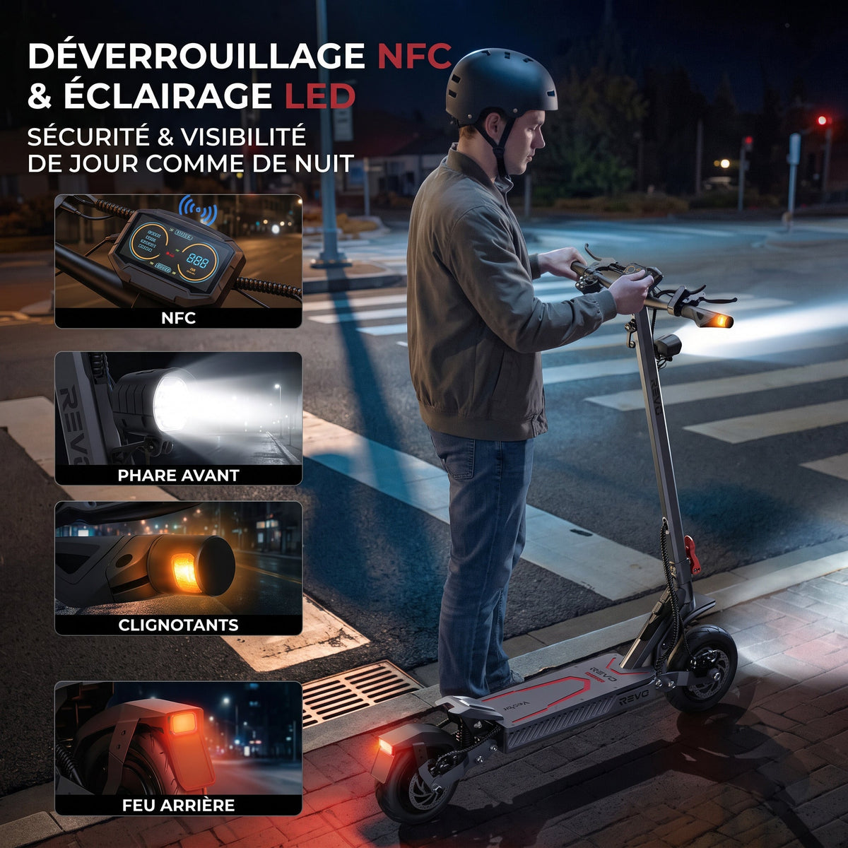 Trottinette électrique REVO Vector – 1100 W max. – Autonomie 70 km – Batterie 48 V 13 Ah – Pneus 10" – Suspension et NFC