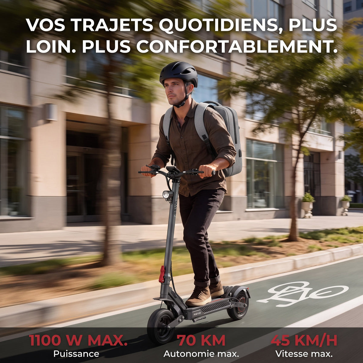 Trottinette électrique REVO Vector – 1100 W max. – Autonomie 70 km – Batterie 48 V 13 Ah – Pneus 10" – Suspension et NFC