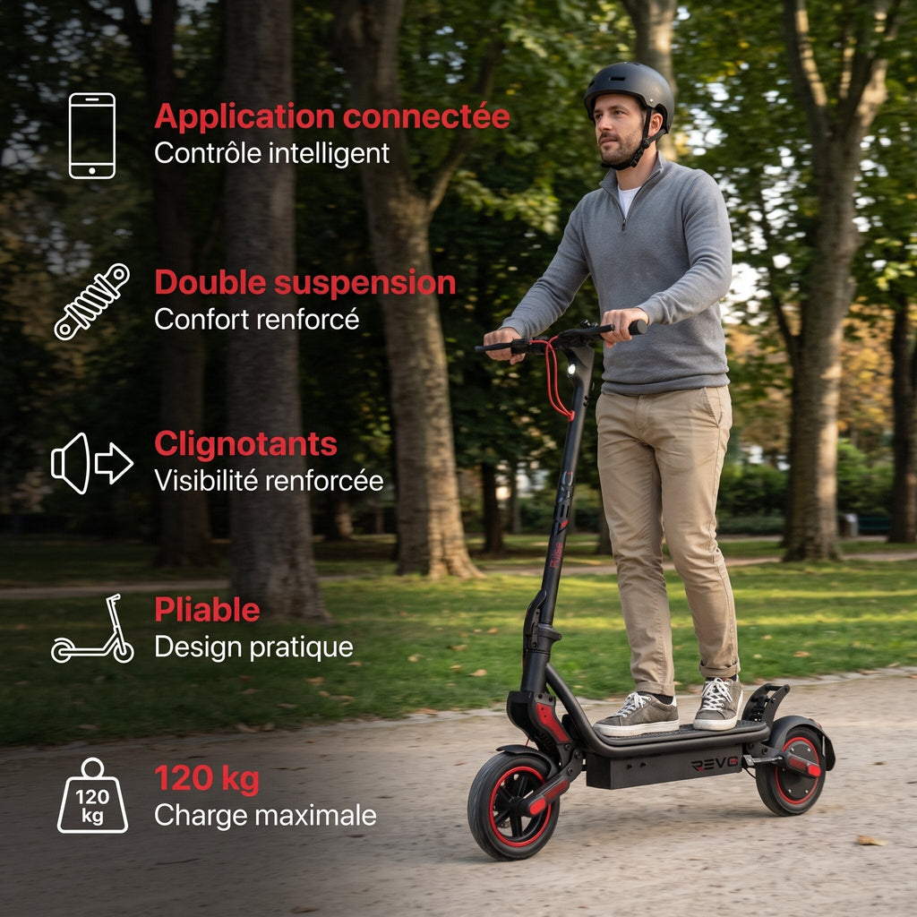 Trottinette électrique REVO Pulse – 750 W – Autonomie 45 km – Batterie 48 V 14 Ah – Pneus 9,3" – 4 modes