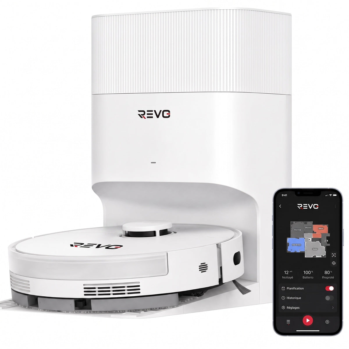 Robot aspirateur laveur REVO Vortex 13 – 13 000 Pa avec station auto-vidage et navigation laser