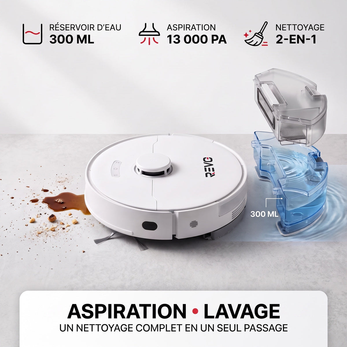 Robot aspirateur laveur REVO Vortex 13 – 13 000 Pa avec station auto-vidage et navigation laser
