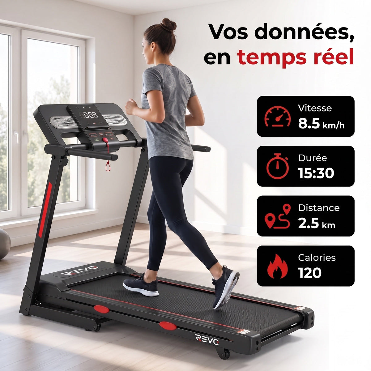 Tapis de course pliable REVO Vita – Moteur 3,0 CV – Vitesse 1 à 14 km/h – Charge 150 kg – Bluetooth