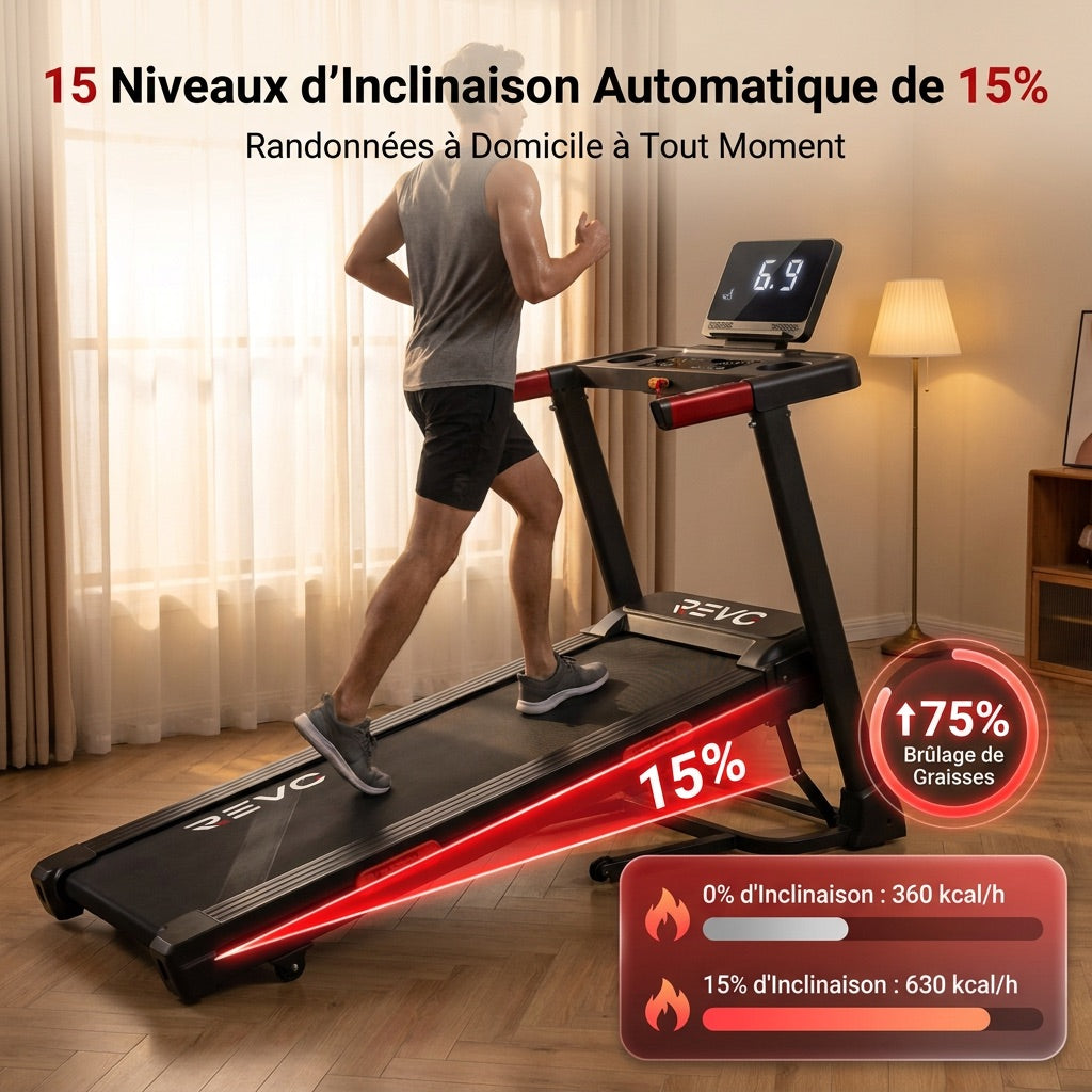 REVO Elevate 15 Treadmill - 15% Automatic Incline - 2.5 HP - 12 km/h - Foldable & Connected