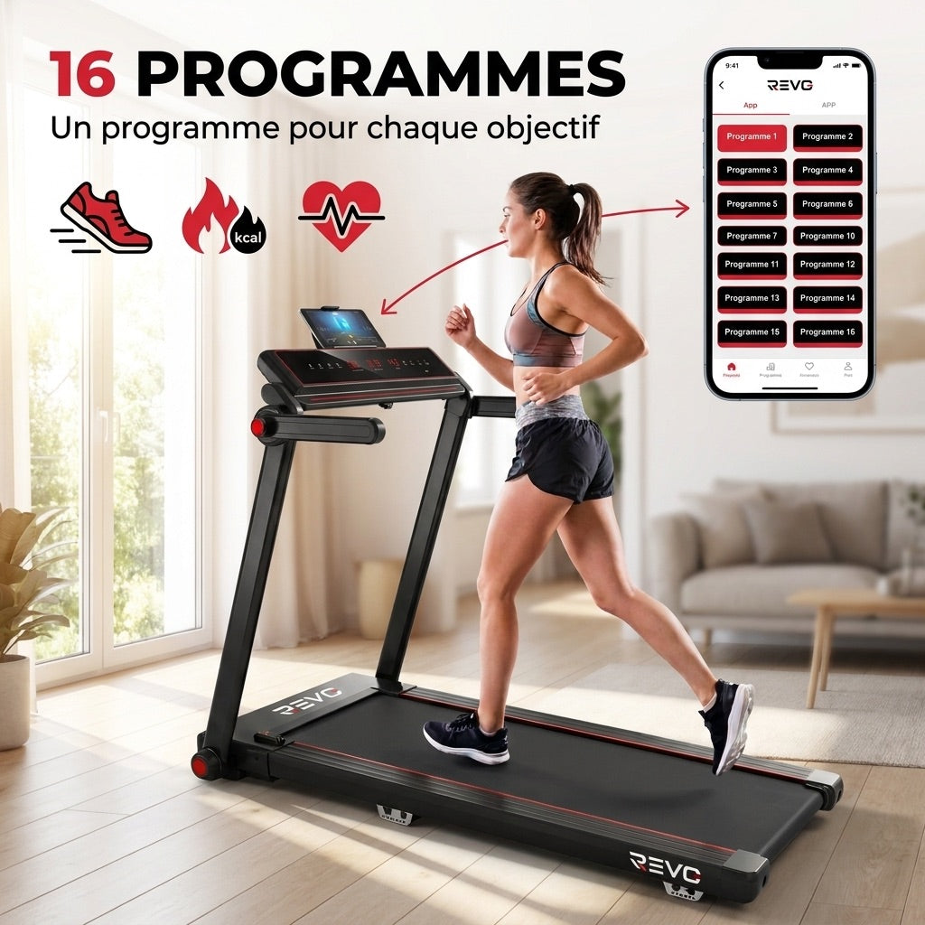 REVO Tempo 16 Folding Treadmill – 1 to 16 km/h – 16 Programs – 120 × 45 cm Surface – Ultra-Compact 19 cm Fold