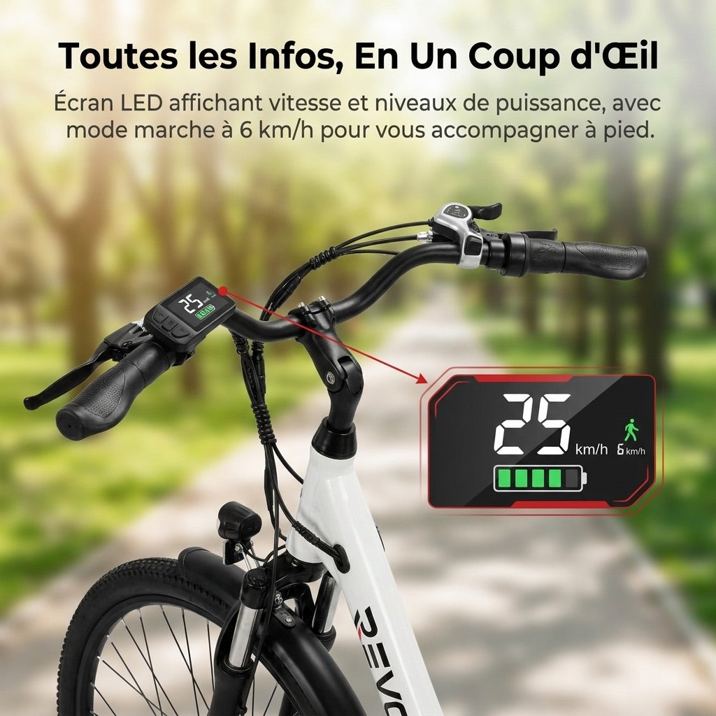 Vélo Électrique REVO CityFlow – 250 W – Autonomie 90 km – Batterie 561,6 Wh – Shimano 7 Vitesses – Roues 26 pouces