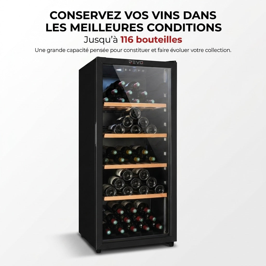 REVO Héritage - Cave à vin de vieillissement - 116 bouteilles - 213 L - 4 clayettes en bois - Température réglable