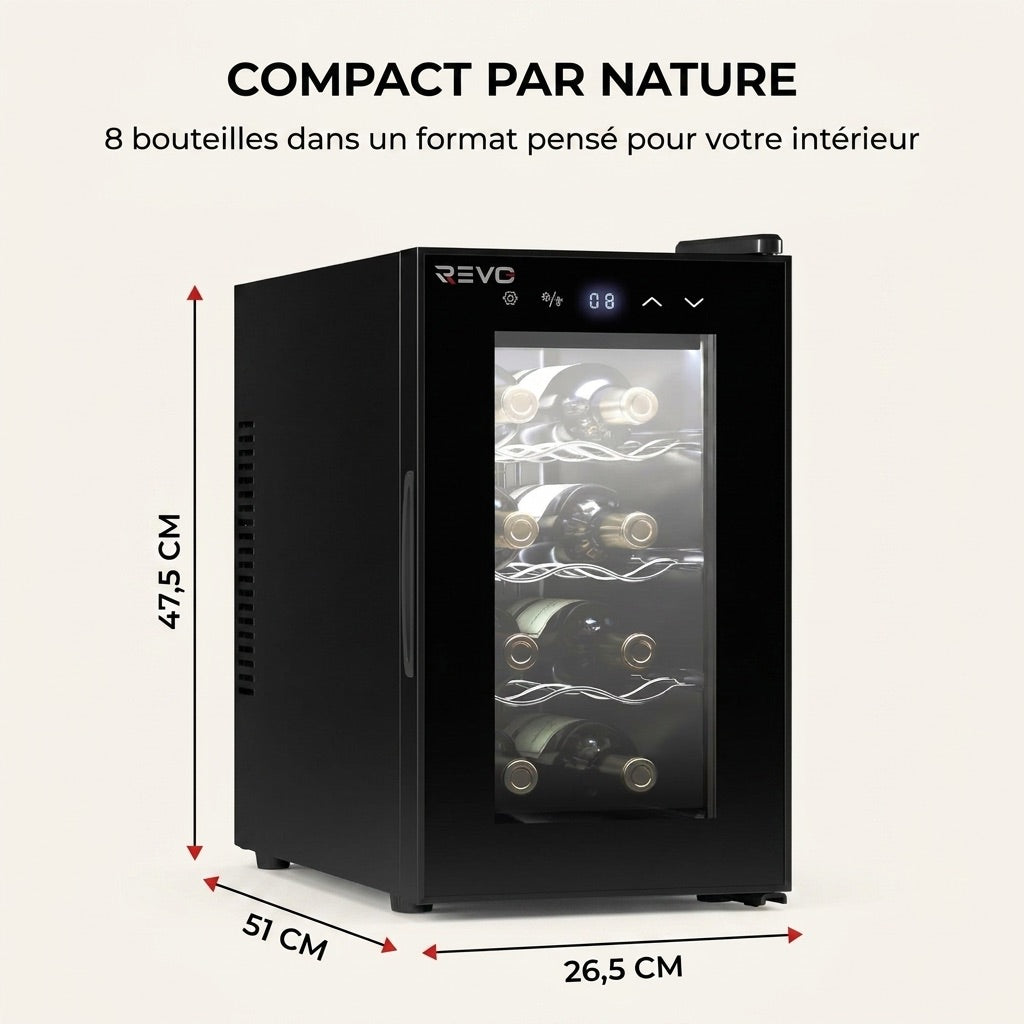 Cave à vin REVO Origine – 8 bouteilles – 21 L – Température réglable de 8 à 18 °C – Commande tactile – 35 dB