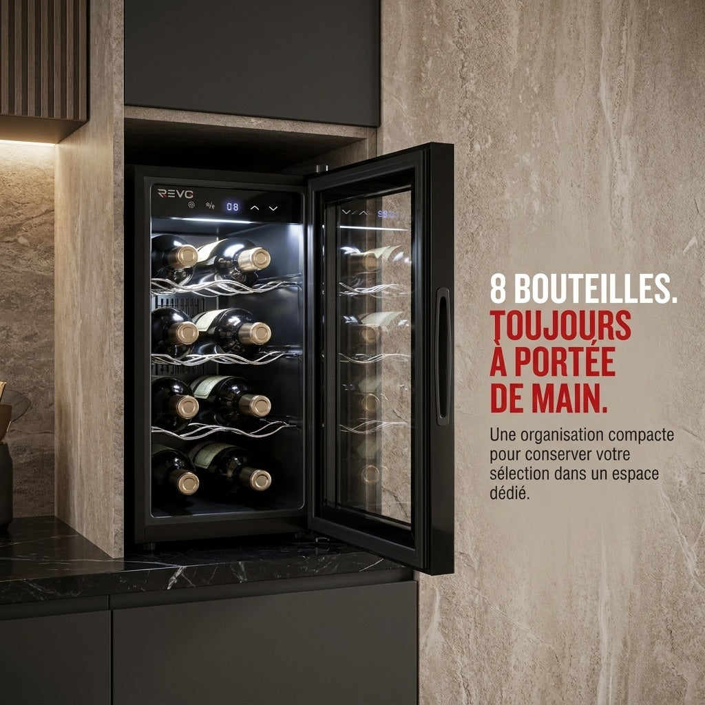 Cave à vin REVO Origine – 8 bouteilles – 21 L – Température réglable de 8 à 18 °C – Commande tactile – 35 dB