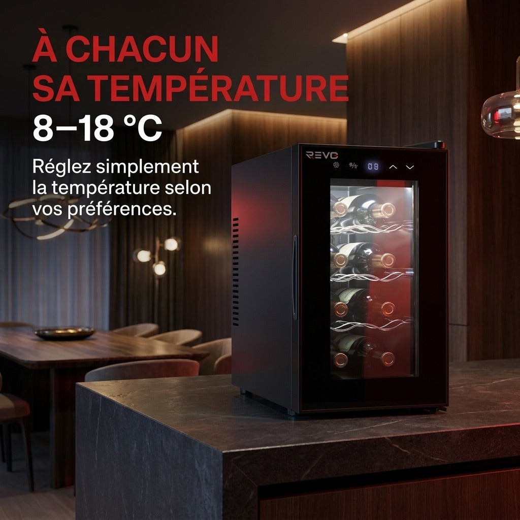 Cave à vin REVO Origine – 8 bouteilles – 21 L – Température réglable de 8 à 18 °C – Commande tactile – 35 dB