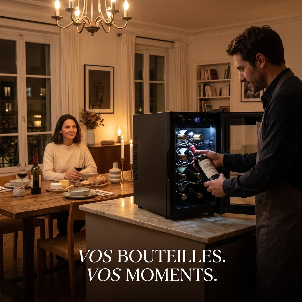 Cave à vin REVO Origine – 8 bouteilles – 21 L – Température réglable de 8 à 18 °C – Commande tactile – 35 dB