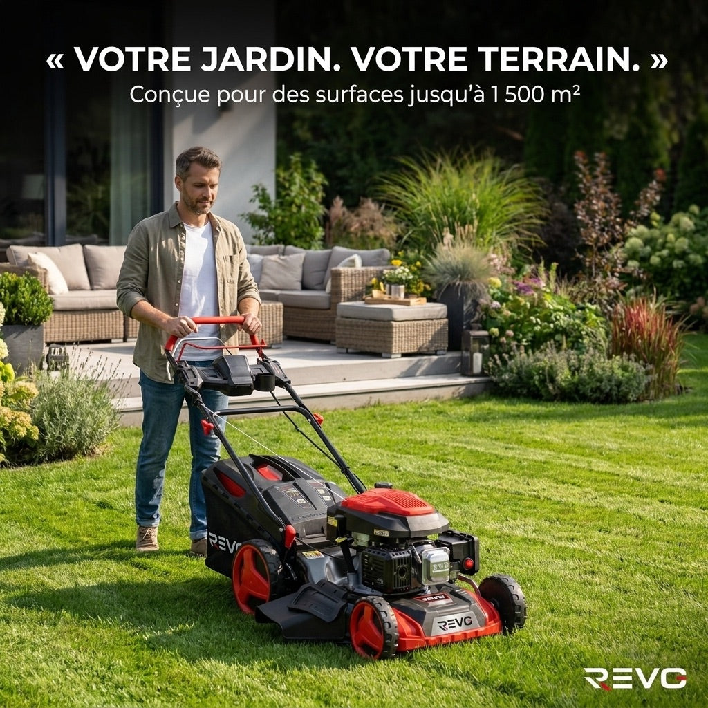 REVO Terrain 51 Self-Propelled Petrol Lawn Mower – 196 cm³, 51 cm, Electric Start, Cutting Height 25–75 mm, 60 L Collector, Up to 1,500 m²