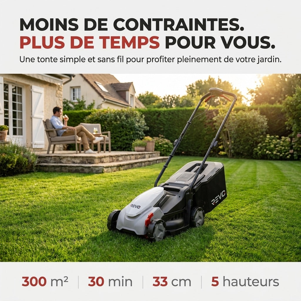 Cordless Lawn Mower REVO Garden 300 – 20 V – 33 cm – 5.0 Ah Battery – 5 Cutting Heights – 35 L Collection Box – Up to 300 m²