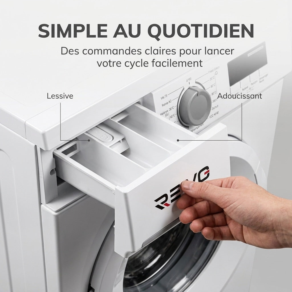Lave-linge frontal REVO Élégance 8 – Machine à laver 8 kg – Classe A – 1400 tr/min – 15 programmes, vapeur et format slim