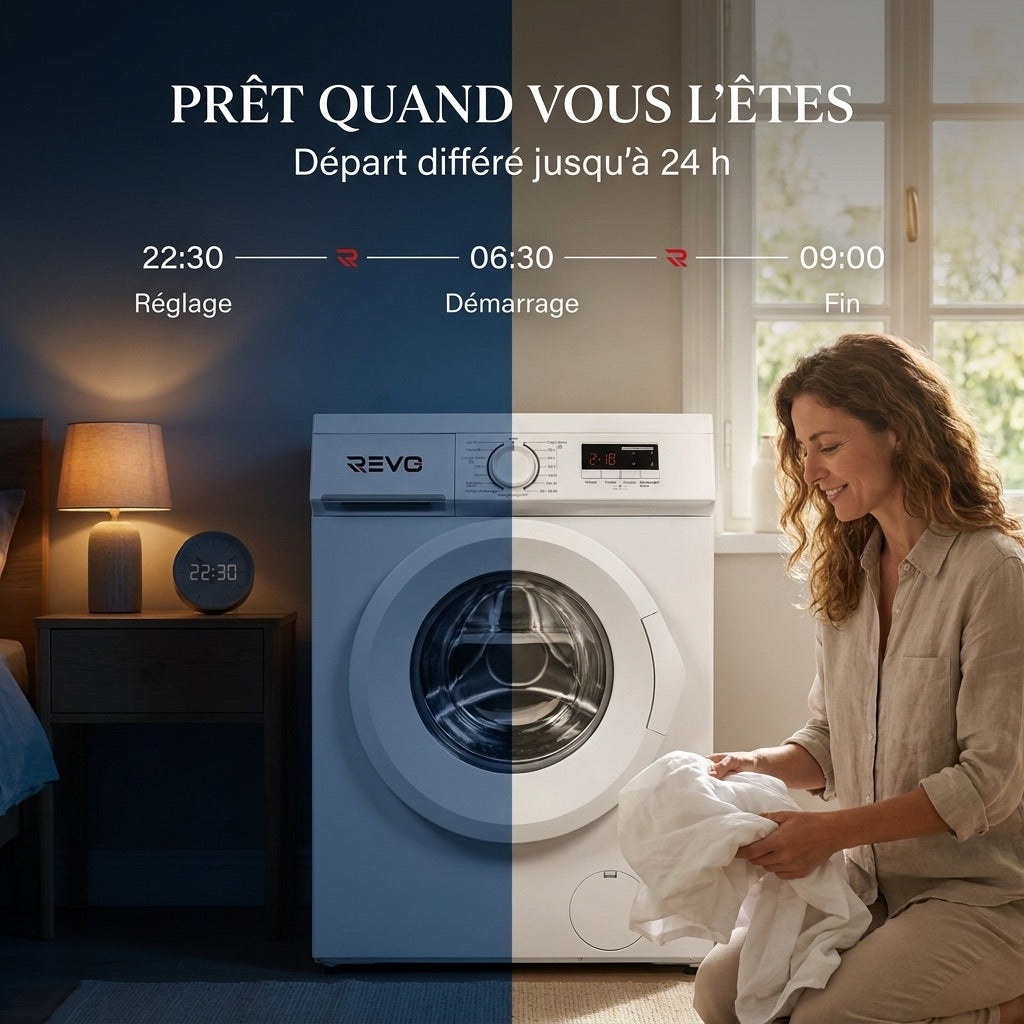 Lave-linge frontal REVO Élégance 8 – Machine à laver 8 kg – Classe A – 1400 tr/min – 15 programmes, vapeur et format slim