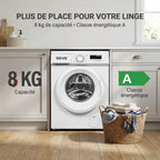 Lave-linge frontal REVO Élégance 8 – Machine à laver 8 kg – Classe A – 1400 tr/min – 15 programmes, vapeur et format slim
