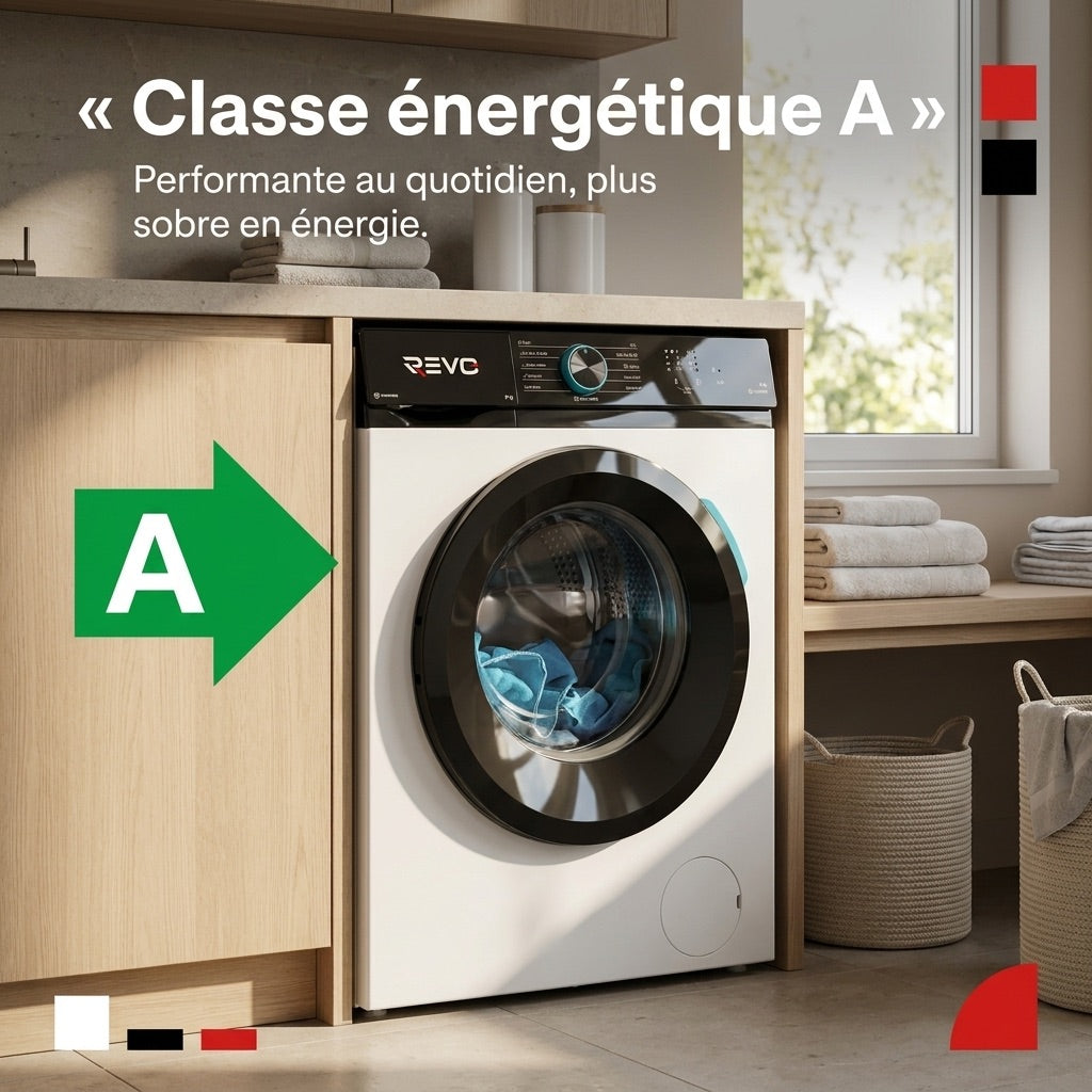 Lave-linge frontal REVO Pureva 8 – Machine à laver 8 kg – Classe A – 1200 tr/min – 11 programmes – Vapeur et moteur Inverter