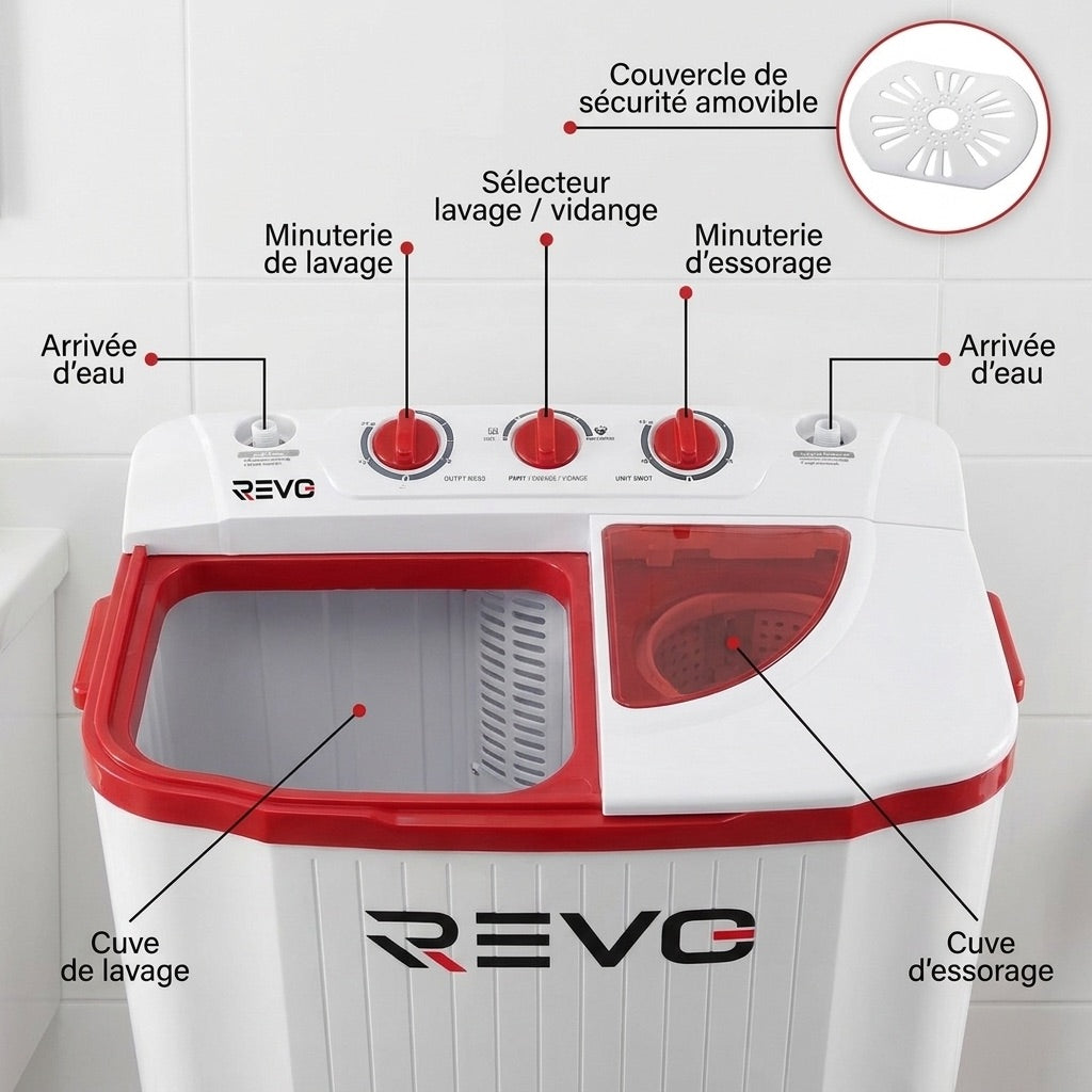 Mini Washing Machine REVO Nomad 4.5 – Portable Washing Machine 4.5 kg – Spin Dryer 3.5 kg – 2 Compartments – 1320 rpm