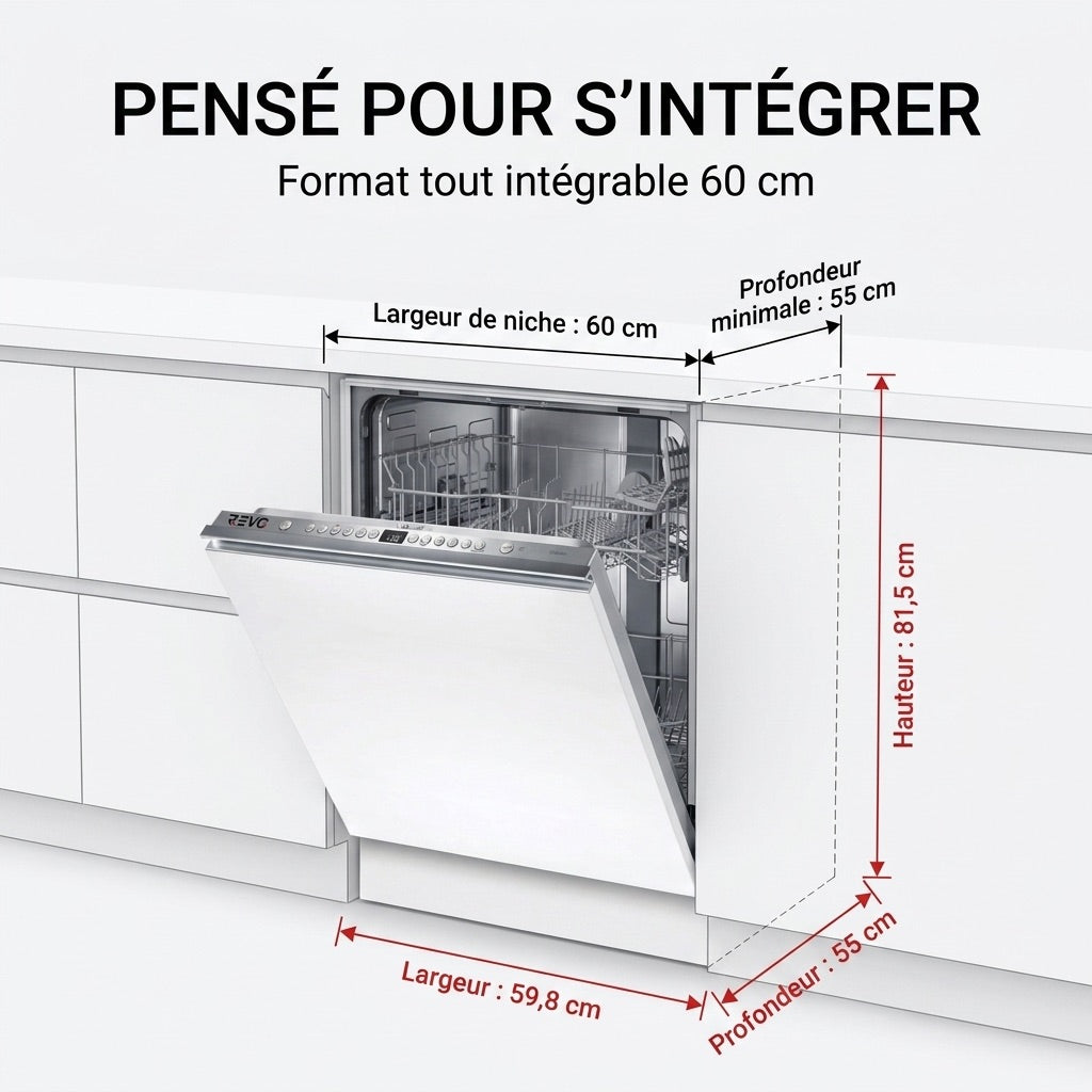 Fully Integrated REVO Integra 60 Dishwasher – 60 cm – 6 Programs – 3 Options – 48 dB – 3-Height Adjustable Basket