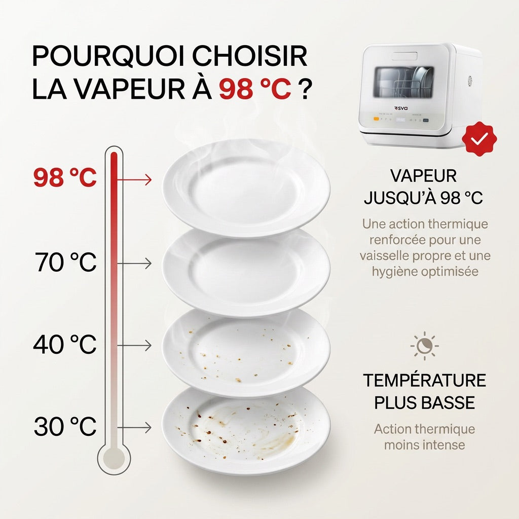 Mini lave-vaisselle REVO Vapora 5 – Réservoir 5 L – 6 programmes – Vapeur 98 °C – Stockage ventilé 72 h – Blanc