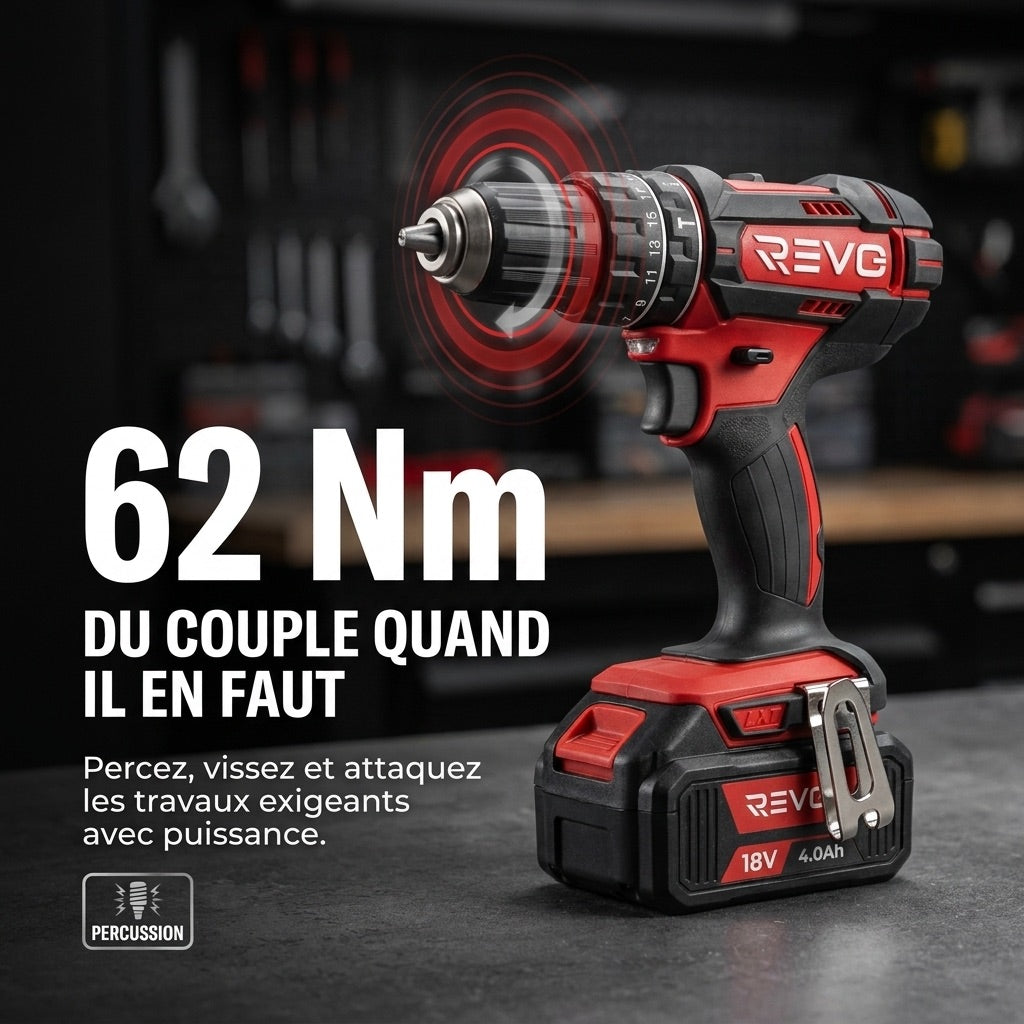 REVO Torq 62 Cordless Hammer Drill – 18V – 62Nm – 3 x 4.0Ah Batteries – 2 Speed