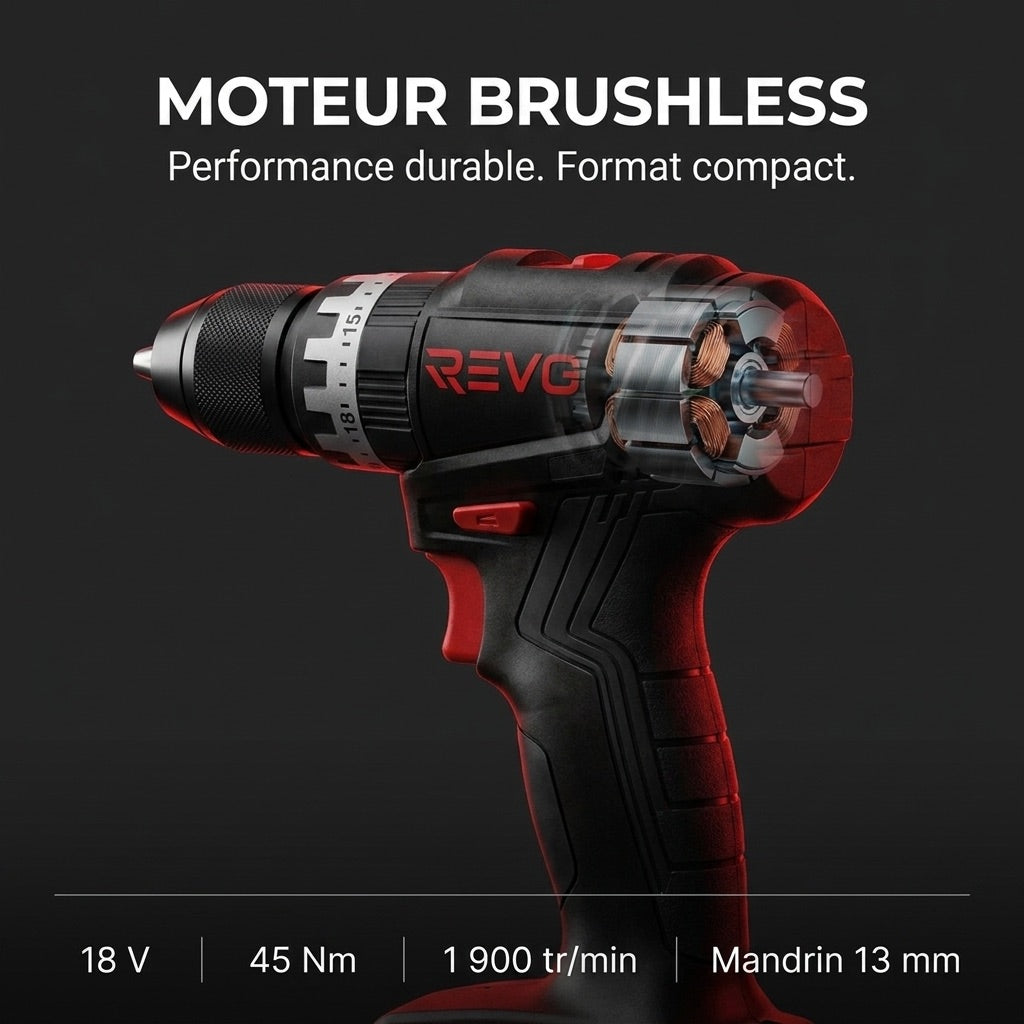 Perceuse-Visseuse à Percussion Sans Fil REVO Core 45 – 18 V – 45 Nm – Moteur sans balais – 2 Batteries 3,0 Ah – Mandrin 13 mm – Coffret Inclus