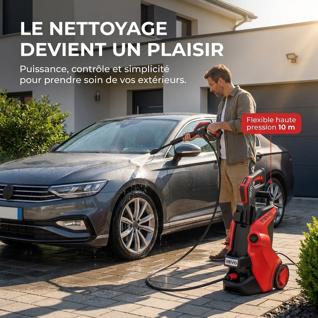 Nettoyeur Haute Pression REVO Vortex 145 – 145 bars – 500 L/h – 40 m²/h – Tuyau 10 m et Contrôle de Pression