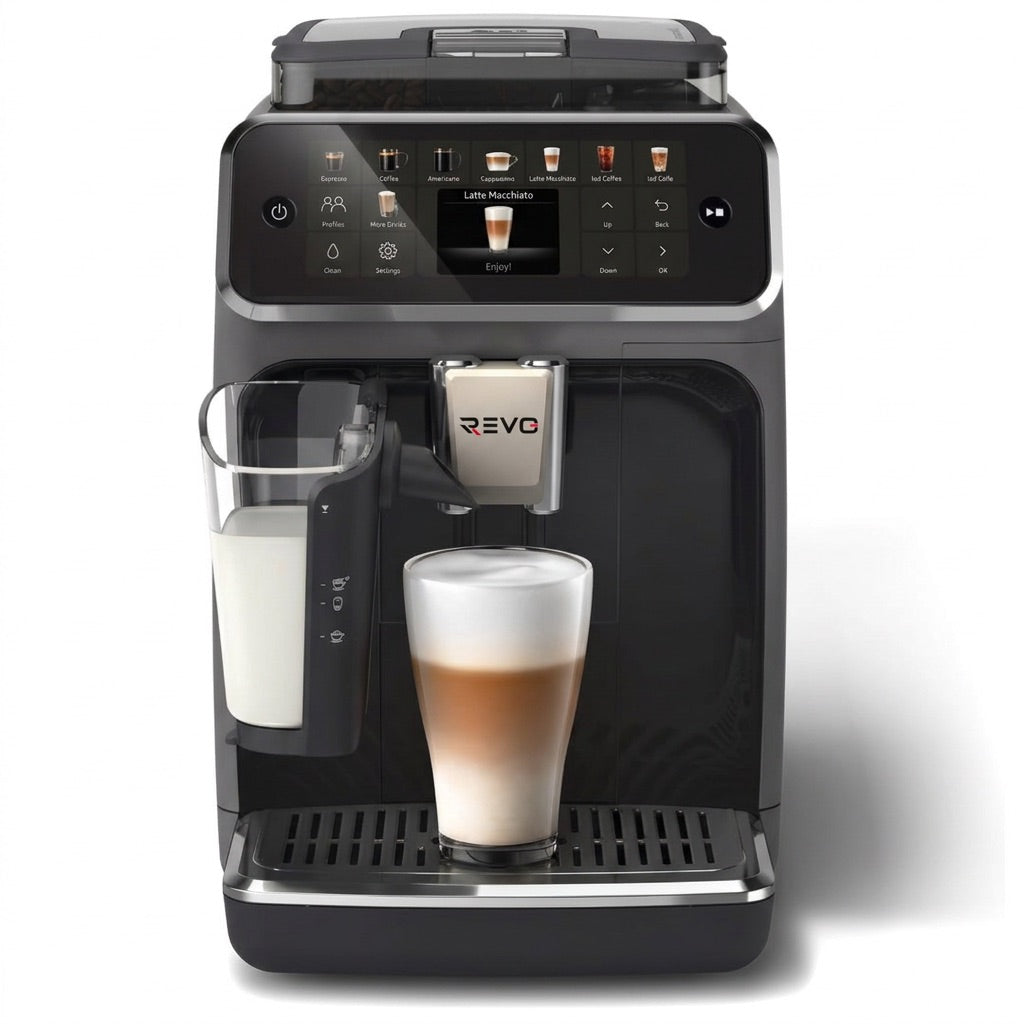REVO Prestigio Bean-to-Cup Coffee Machine – Automatic Grinder Espresso 1500W – 20 Hot & Iced Beverages – Milk Carafe – 4 Profiles – 1.8L