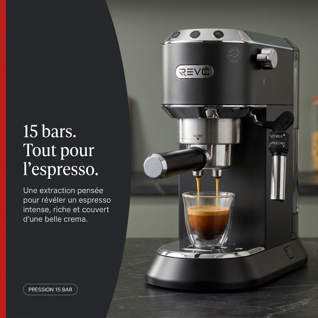 REVO Velora Espresso Machine - 15 Bar - 1350 W - Steam Nozzle - Ground Coffee & ESE Pods - 1 L Tank