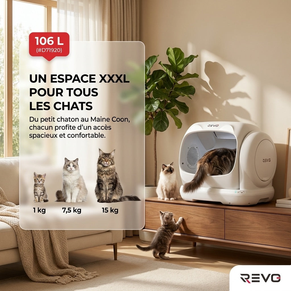 Litière autonettoyante pour chats REVO Felixa 106 – 106 L – Contrôle par application – Jusqu’à 15 kg