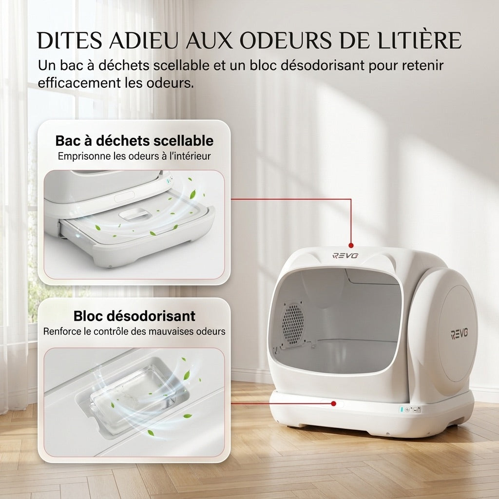 Litière autonettoyante pour chats REVO Felixa 106 – 106 L – Contrôle par application – Jusqu’à 15 kg