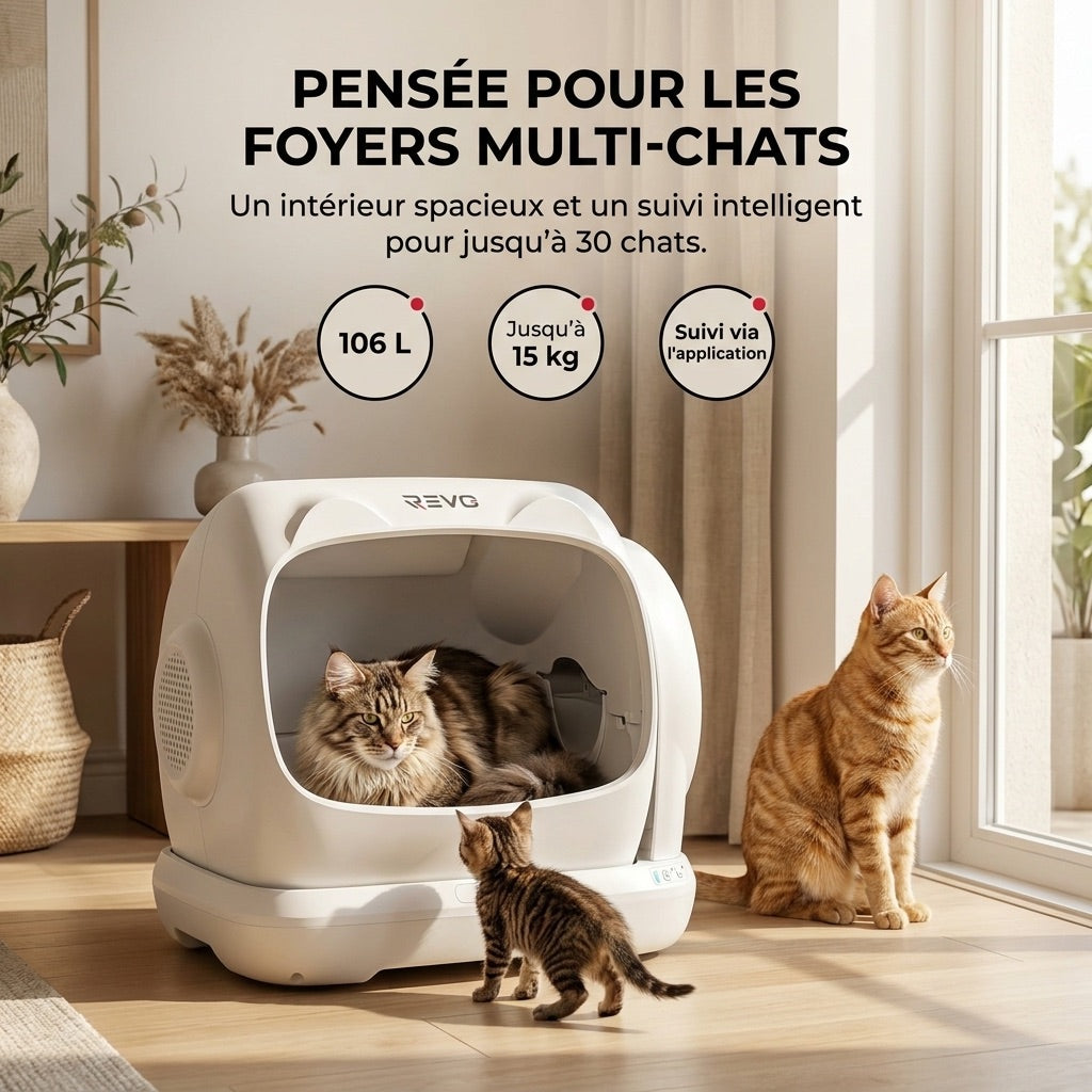 Litière autonettoyante pour chats REVO Felixa 106 – 106 L – Contrôle par application – Jusqu’à 15 kg