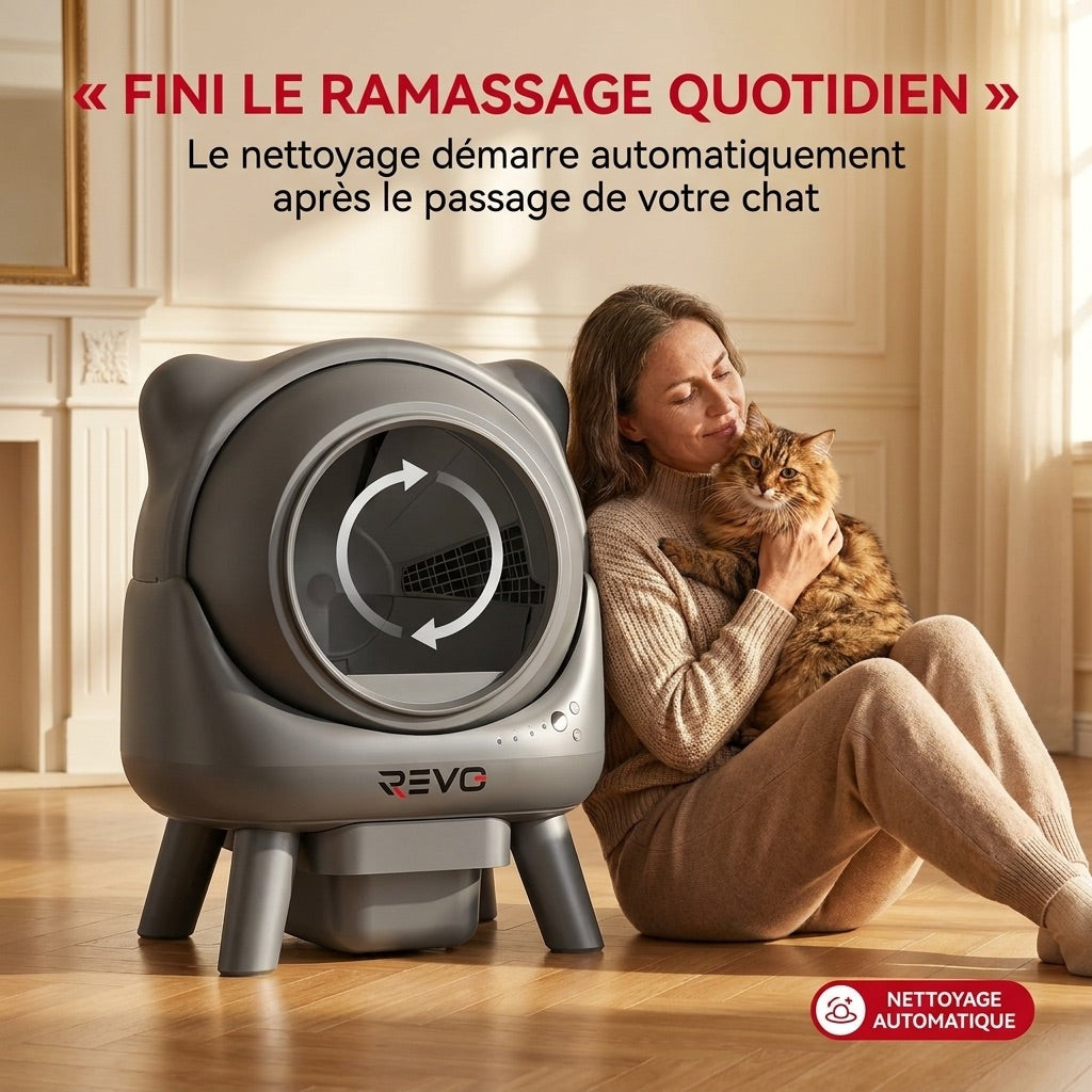 Litière autonettoyante pour chats REVO Nuvia 88 – Capacité 80 + 8 L – Application, sécurité 10 niveaux et élimination des odeurs