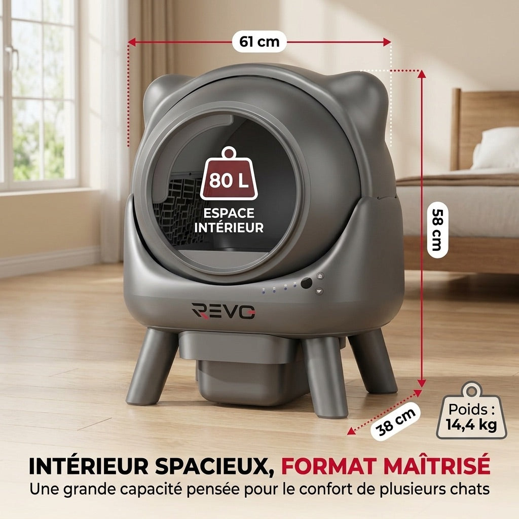 Litière autonettoyante pour chats REVO Nuvia 88 – Capacité 80 + 8 L – Application, sécurité 10 niveaux et élimination des odeurs