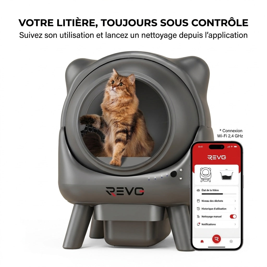 Litière autonettoyante pour chats REVO Nuvia 88 – Capacité 80 + 8 L – Application, sécurité 10 niveaux et élimination des odeurs