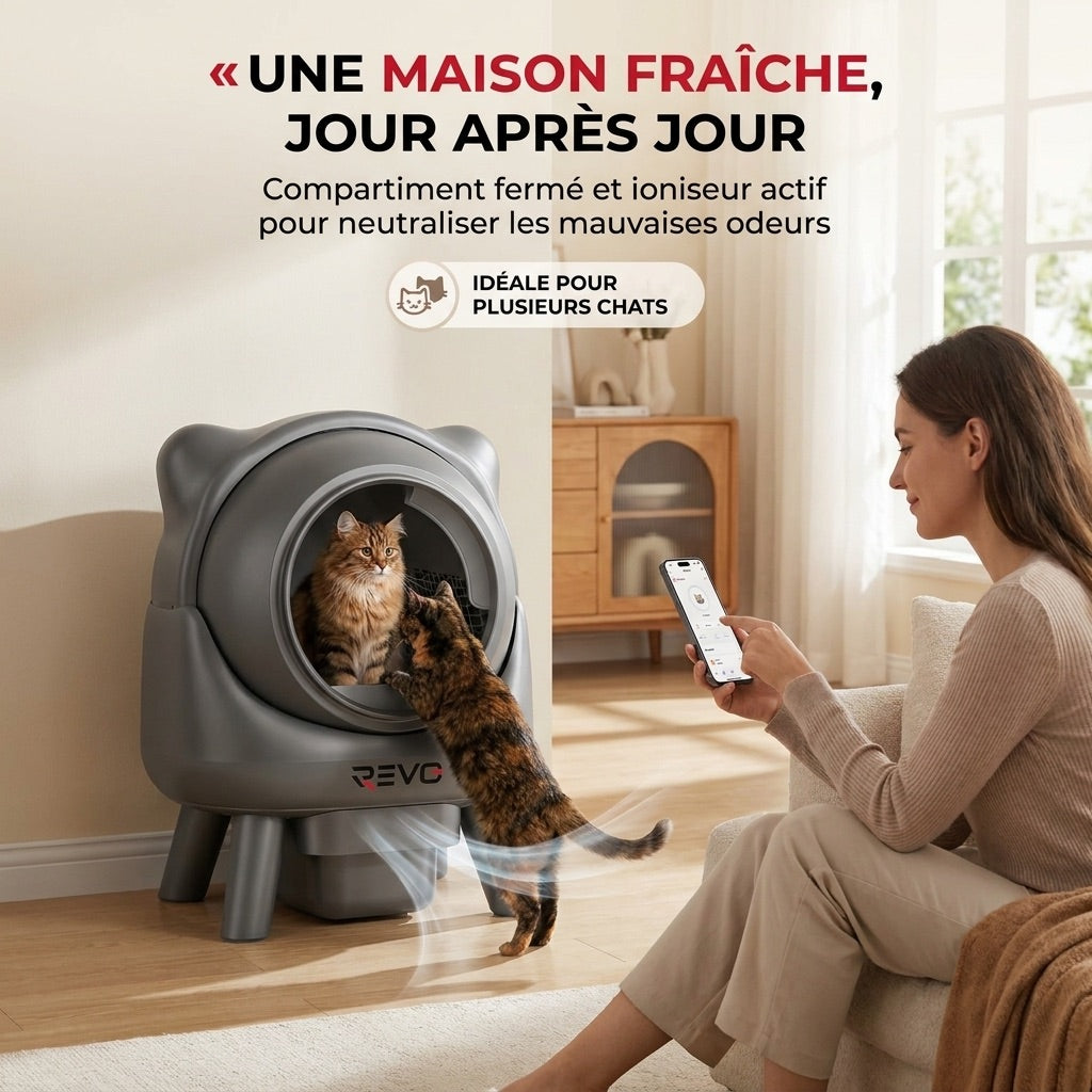 Litière autonettoyante pour chats REVO Nuvia 88 – Capacité 80 + 8 L – Application, sécurité 10 niveaux et élimination des odeurs