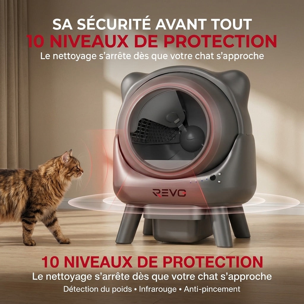 Litière autonettoyante pour chats REVO Nuvia 88 – Capacité 80 + 8 L – Application, sécurité 10 niveaux et élimination des odeurs