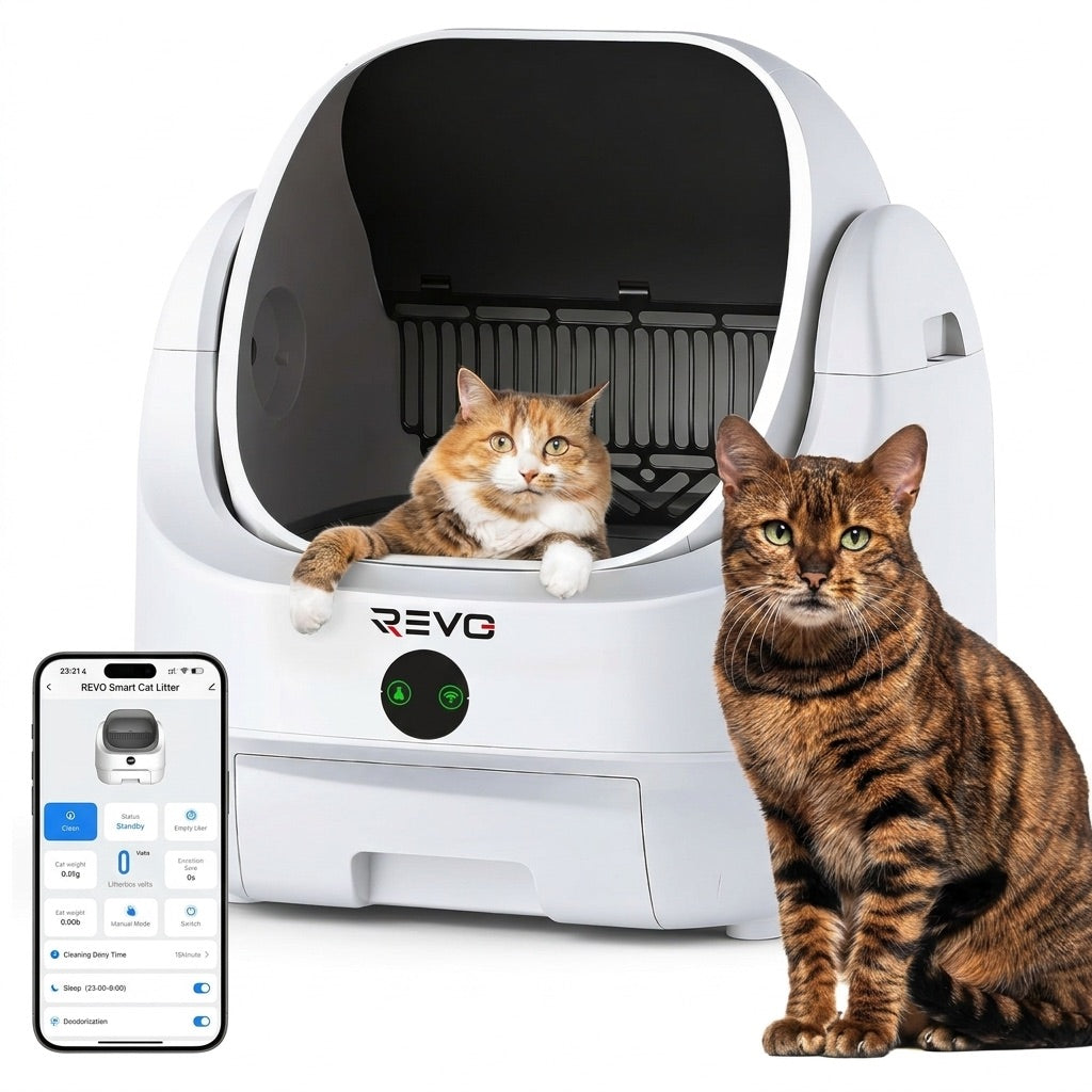 Litière autonettoyante pour chats REVO Alvya 9 – Conception ouverte – Bac hermétique 9 L – Application Wi-Fi et nettoyage en profondeur