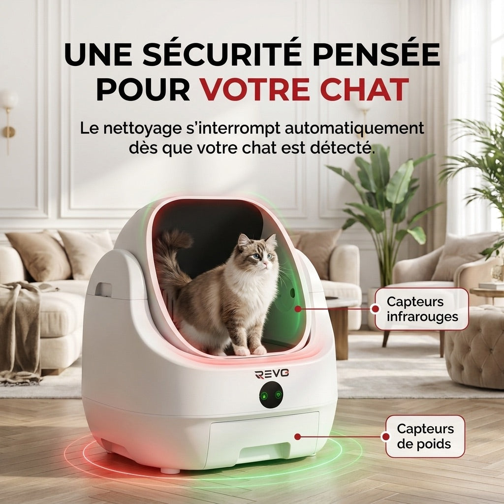 Litière autonettoyante pour chats REVO Alvya 9 – Conception ouverte – Bac hermétique 9 L – Application Wi-Fi et nettoyage en profondeur