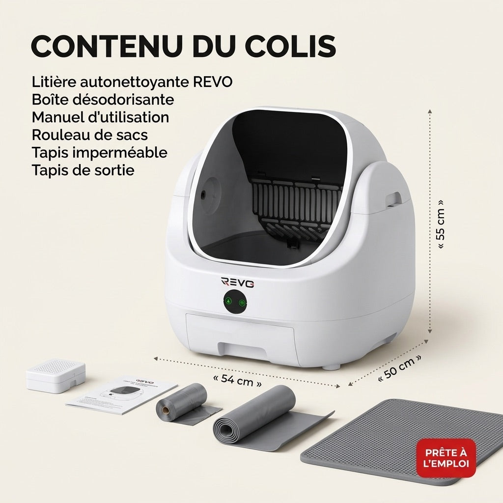 Litière autonettoyante pour chats REVO Alvya 9 – Conception ouverte – Bac hermétique 9 L – Application Wi-Fi et nettoyage en profondeur