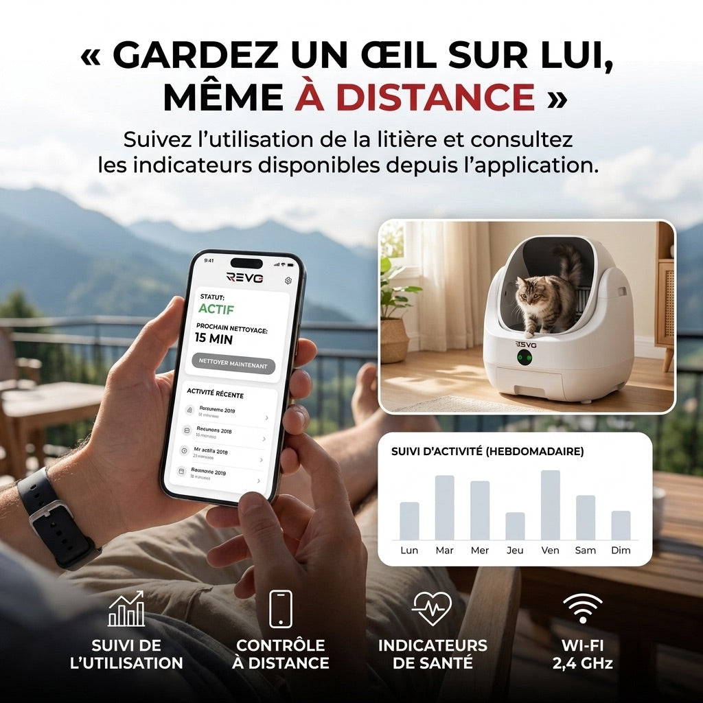 Litière autonettoyante pour chats REVO Alvya 9 – Conception ouverte – Bac hermétique 9 L – Application Wi-Fi et nettoyage en profondeur