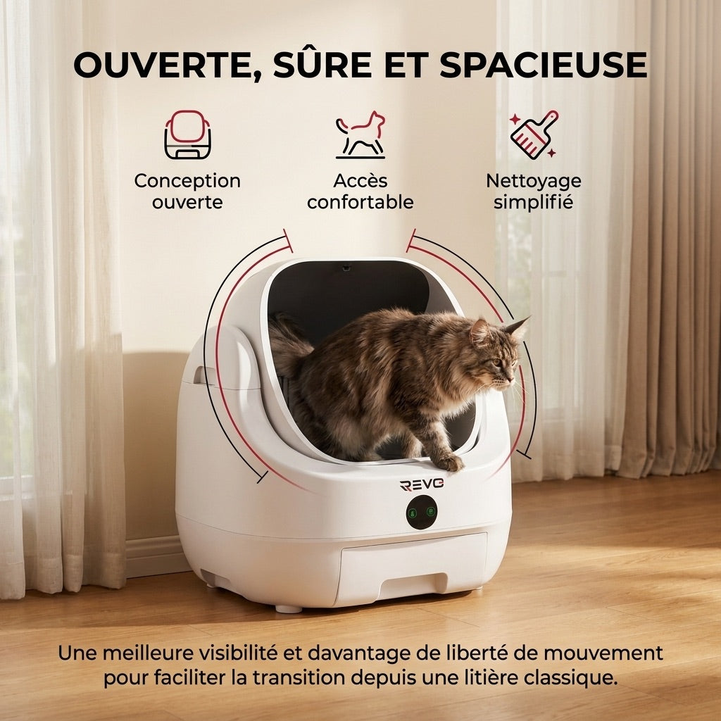 Litière autonettoyante pour chats REVO Alvya 9 – Conception ouverte – Bac hermétique 9 L – Application Wi-Fi et nettoyage en profondeur