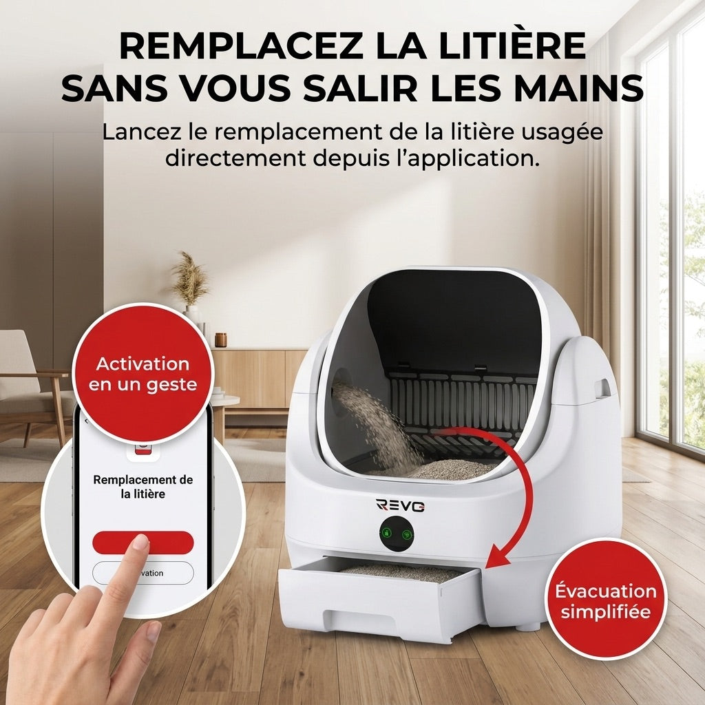 Litière autonettoyante pour chats REVO Alvya 9 – Conception ouverte – Bac hermétique 9 L – Application Wi-Fi et nettoyage en profondeur