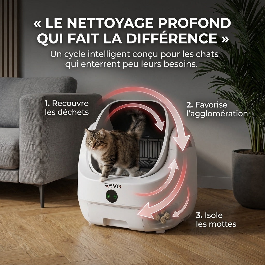 Litière autonettoyante pour chats REVO Alvya 9 – Conception ouverte – Bac hermétique 9 L – Application Wi-Fi et nettoyage en profondeur