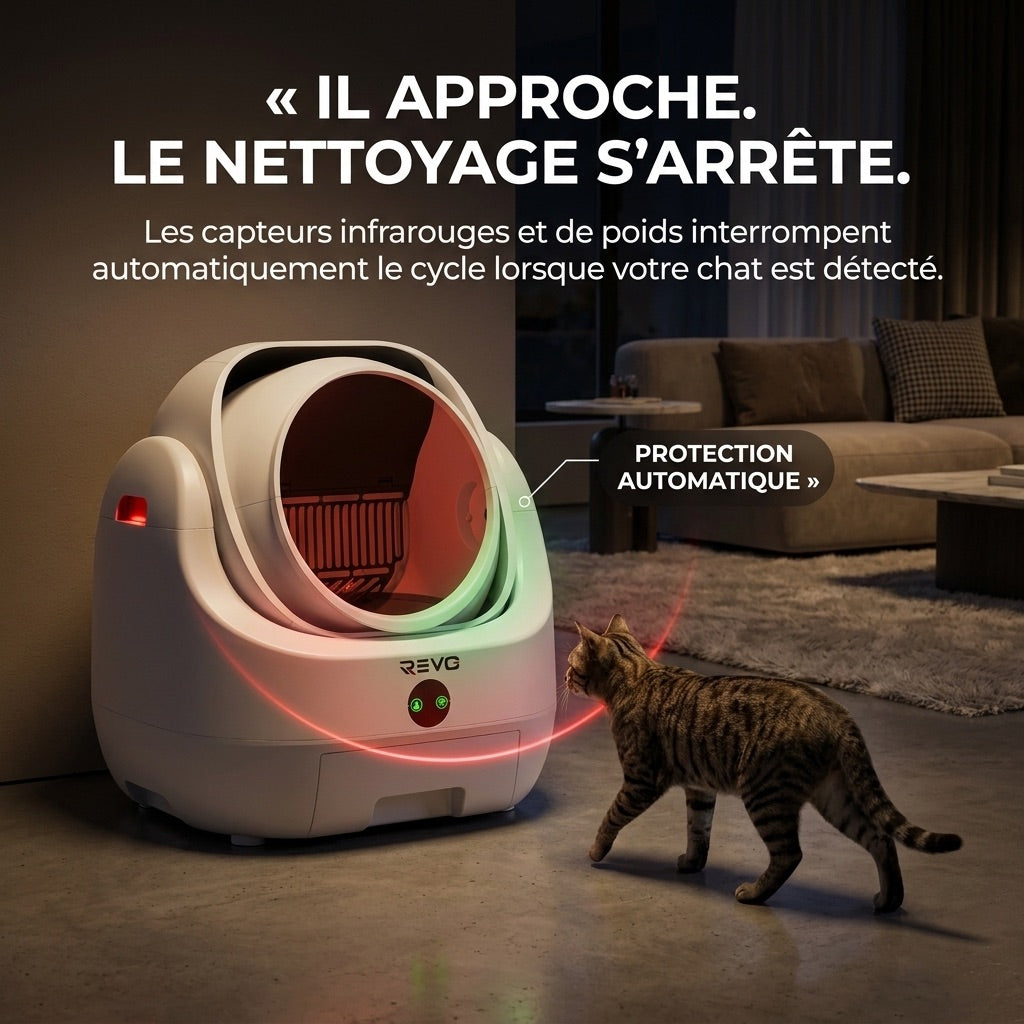 Litière autonettoyante pour chats REVO Alvya 9 – Conception ouverte – Bac hermétique 9 L – Application Wi-Fi et nettoyage en profondeur