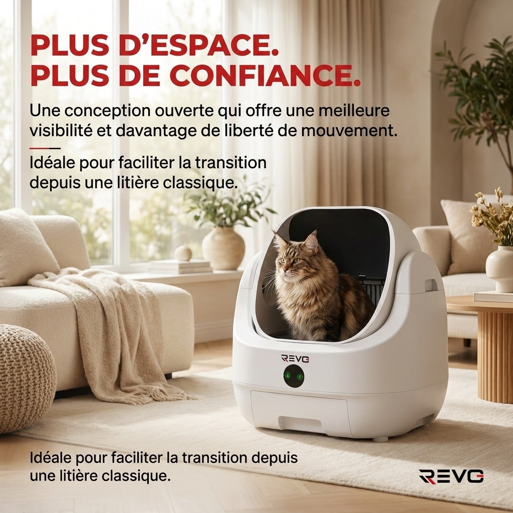 Litière autonettoyante pour chats REVO Alvya 9 – Conception ouverte – Bac hermétique 9 L – Application Wi-Fi et nettoyage en profondeur