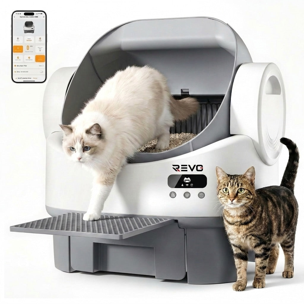 Litière autonettoyante pour chats REVO Selya 12 – Bac 12 L – Application – 6 capteurs de sécurité – Conception XXL ouverte