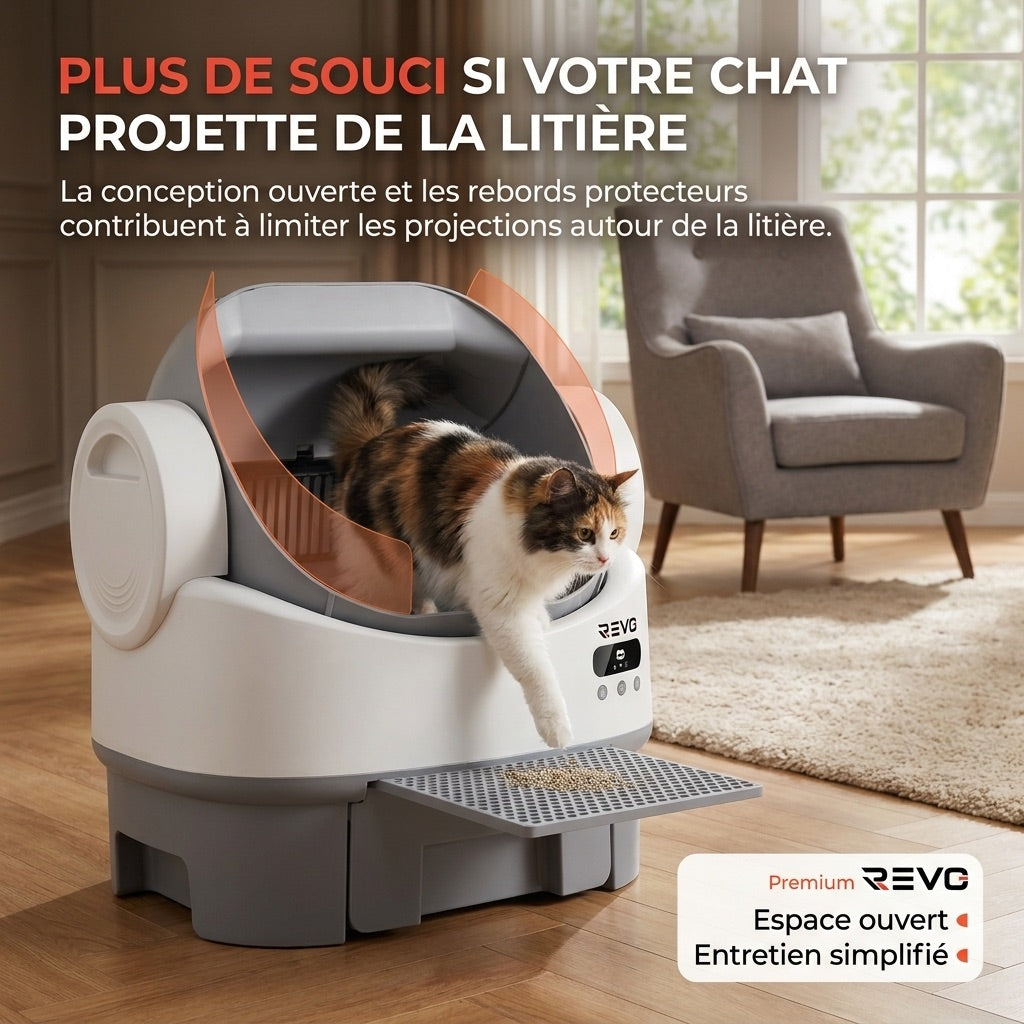 Litière autonettoyante pour chats REVO Selya 12 – Bac 12 L – Application – 6 capteurs de sécurité – Conception XXL ouverte