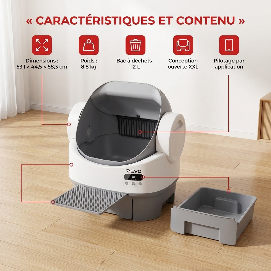 Litière autonettoyante pour chats REVO Selya 12 – Bac 12 L – Application – 6 capteurs de sécurité – Conception XXL ouverte