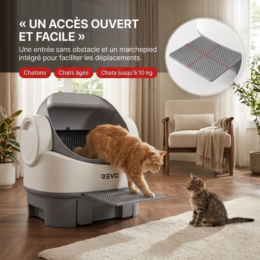 Litière autonettoyante pour chats REVO Selya 12 – Bac 12 L – Application – 6 capteurs de sécurité – Conception XXL ouverte